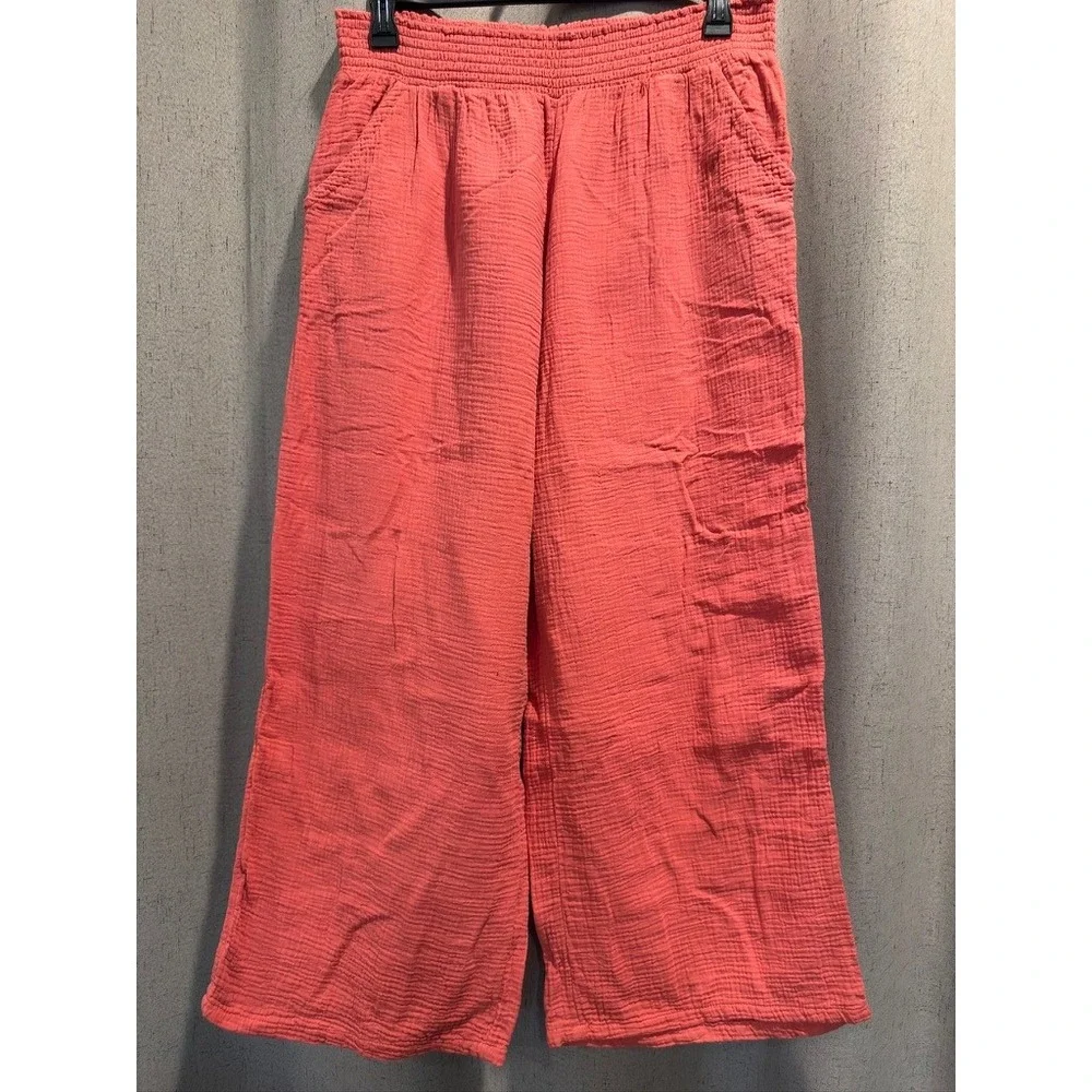 Joyspun Gauze Wide Leg Pants Womens L 12-14 Coral Excellent Smocked Waist Cotton